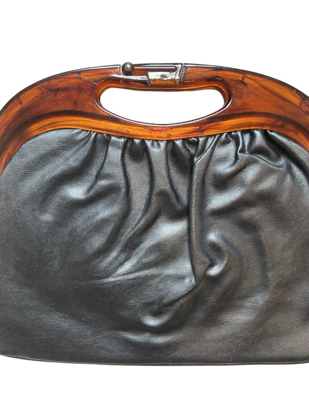 Vintage Black Leather Handbag Tortoiseshell Lucite Frame Clutch Purse Retro MCM - Picture 3 of 16